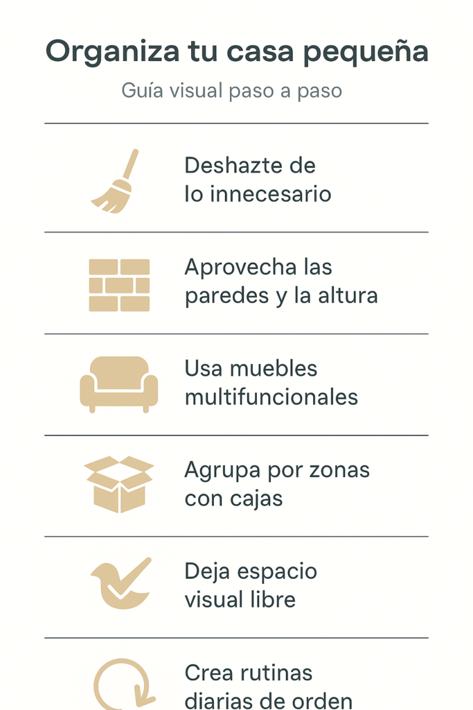 Infografía con 6 trucos para organizar una casa pequeña: orden visual, muebles multifuncionales y uso del espacio vertical