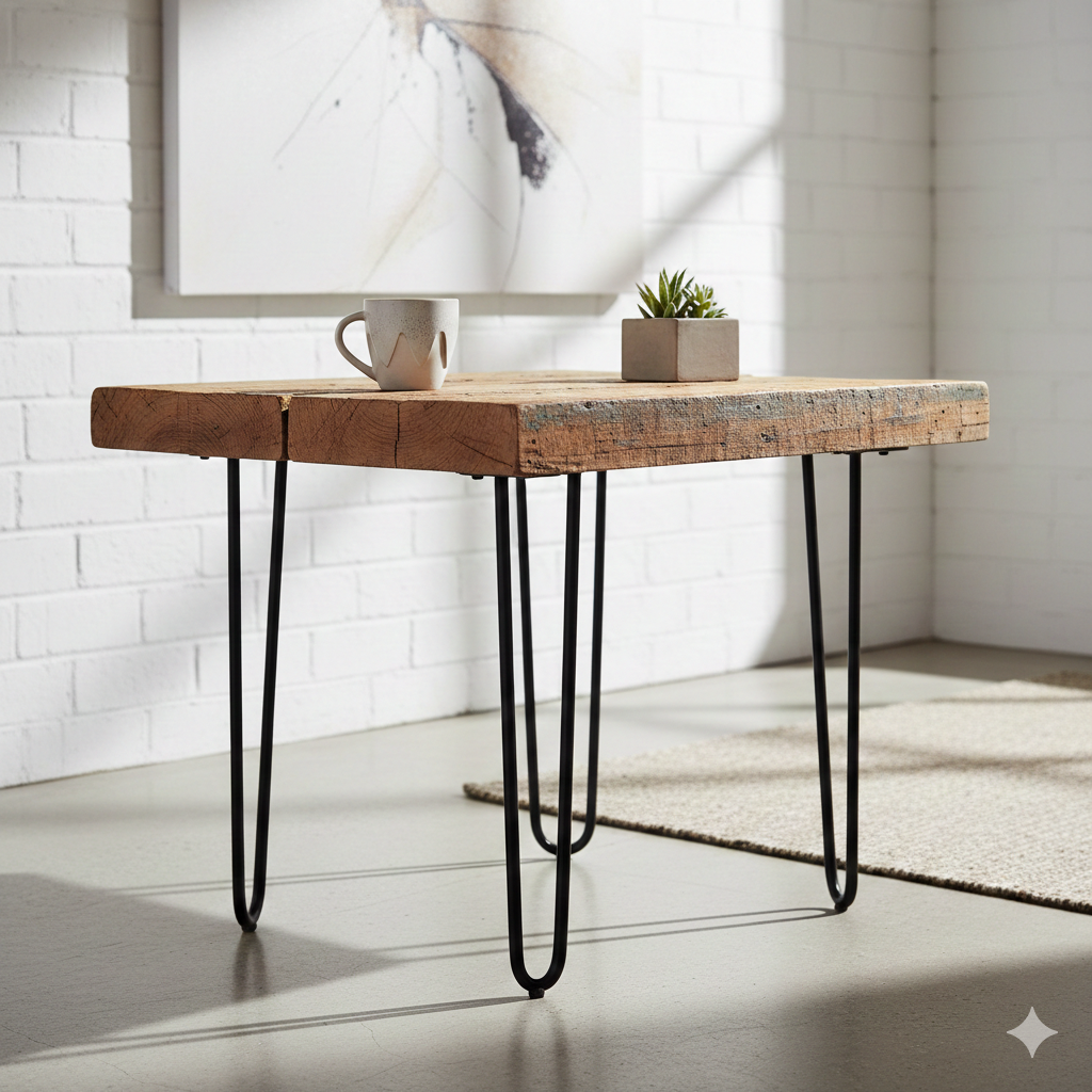 contraste entre madera antigua + metal moderno